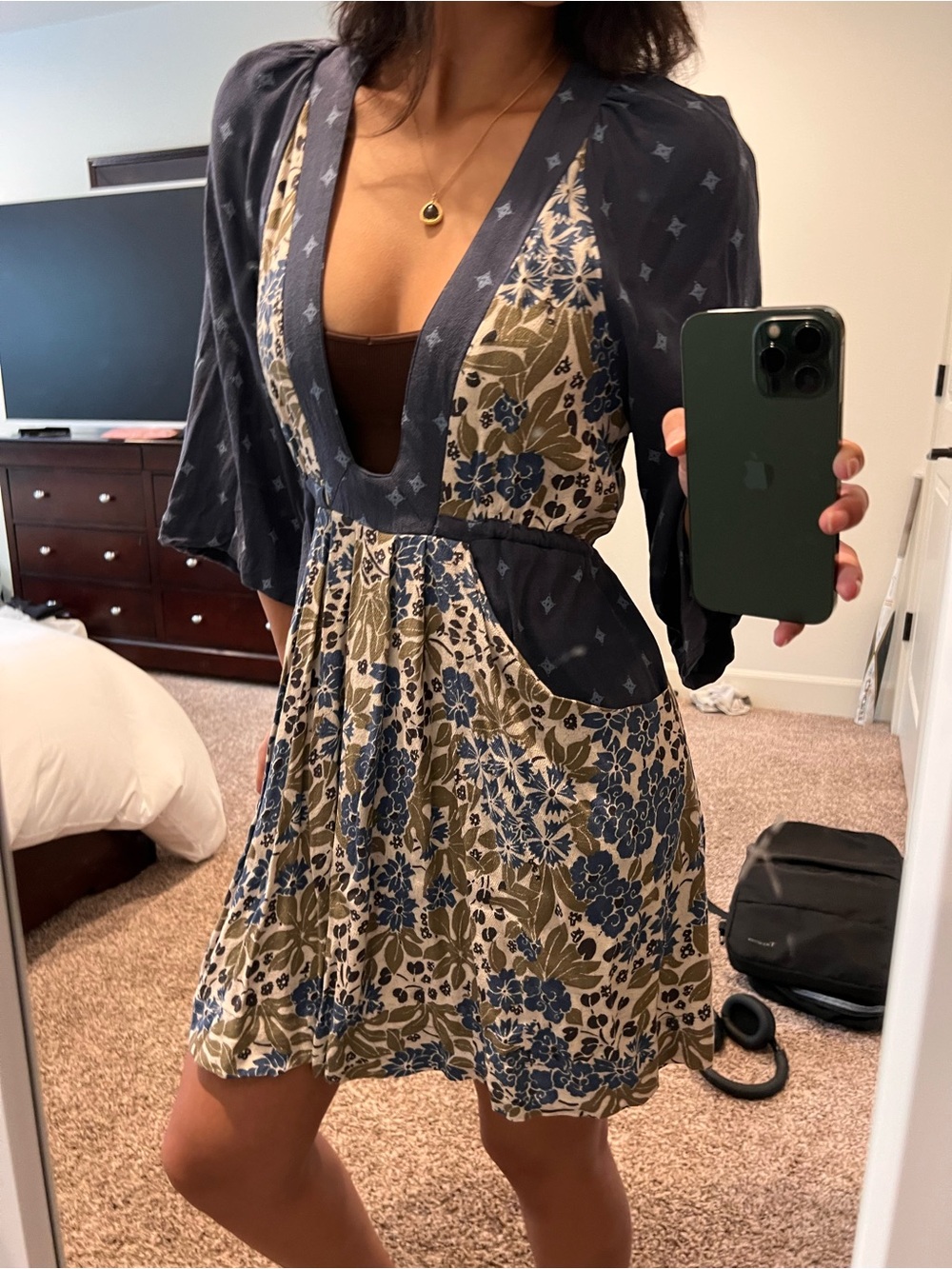 Free People Navy and Beige Floral Mixed-Print Dress